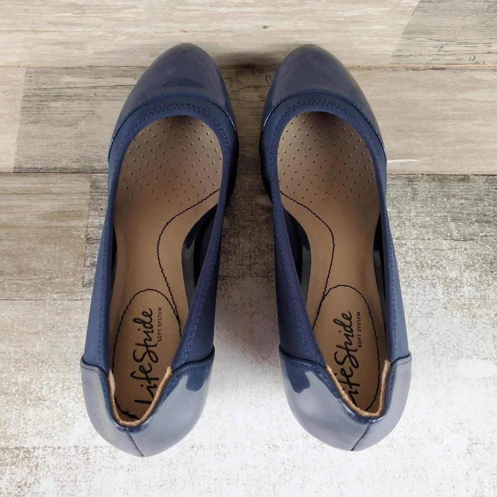 LifeStride Juliana Womens Wedge Pumps Sz 8 N Navy Stretch Patent Leather Cap Toe